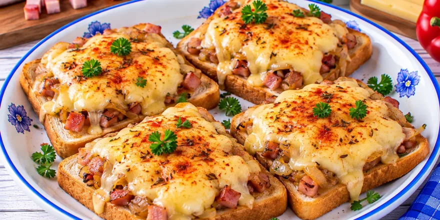 Überbackene polnische Toasts mit Schinkenspeck, Zwiebeln und geschmolzenem Käse.
