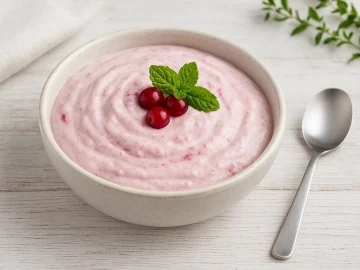 Preiselbeerquark cremig angerichtet in einer weißen Schale, dekoriert mit frischen Preiselbeeren und Minze auf Holztisch