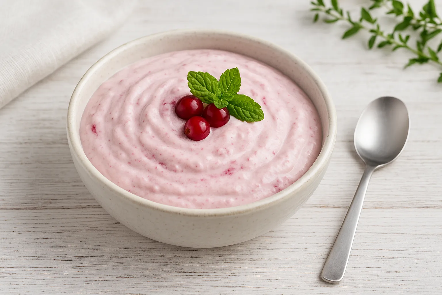 Preiselbeerquark cremig angerichtet in einer weißen Schale, dekoriert mit frischen Preiselbeeren und Minze auf Holztisch