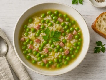 Reissuppe mit Erbsen in einem weißen tiefen Teller, dekoriert mit Selleriegrün und frischem Brot auf Holztisch
