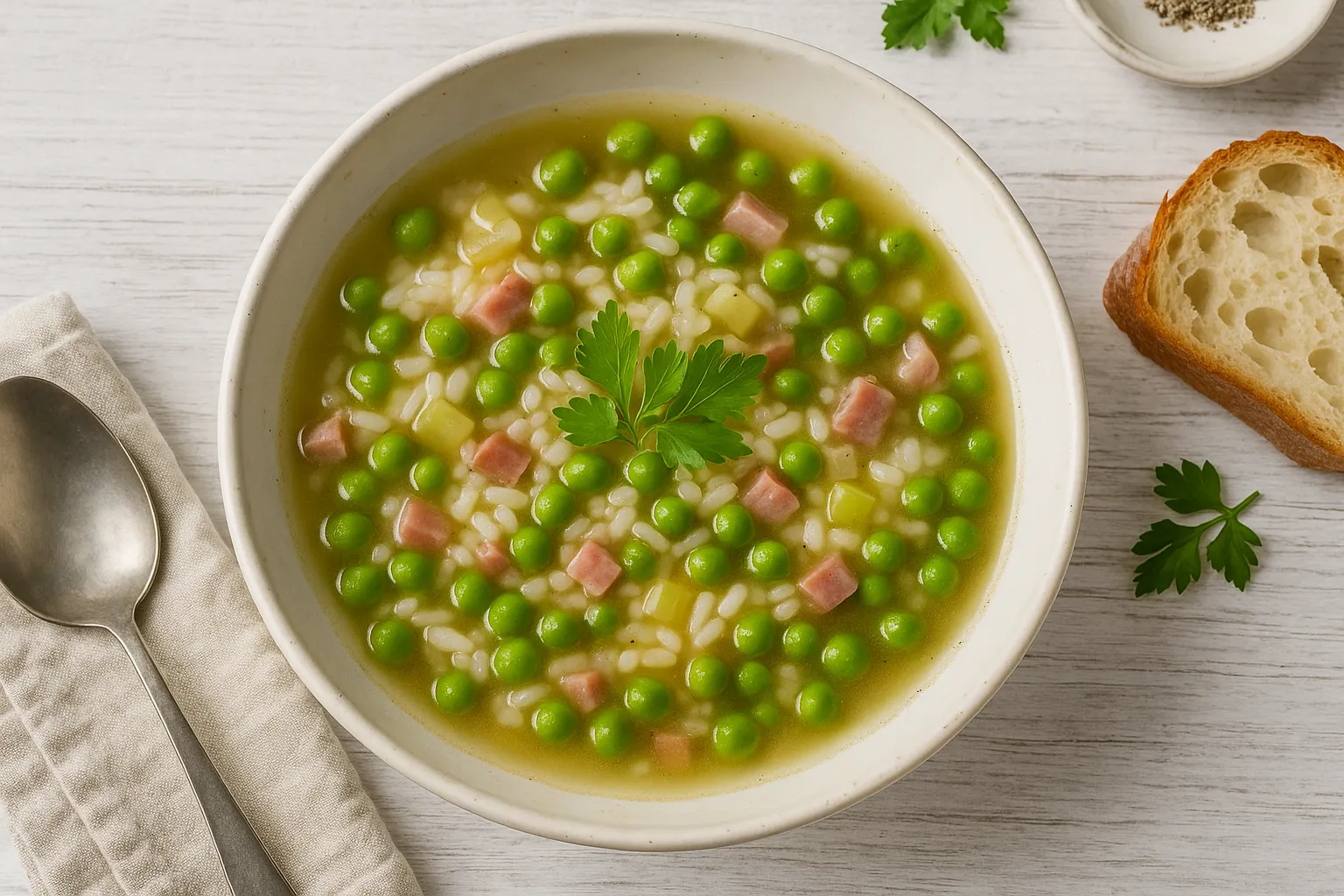 Reissuppe mit Erbsen in einem weißen tiefen Teller, dekoriert mit Selleriegrün und frischem Brot auf Holztisch