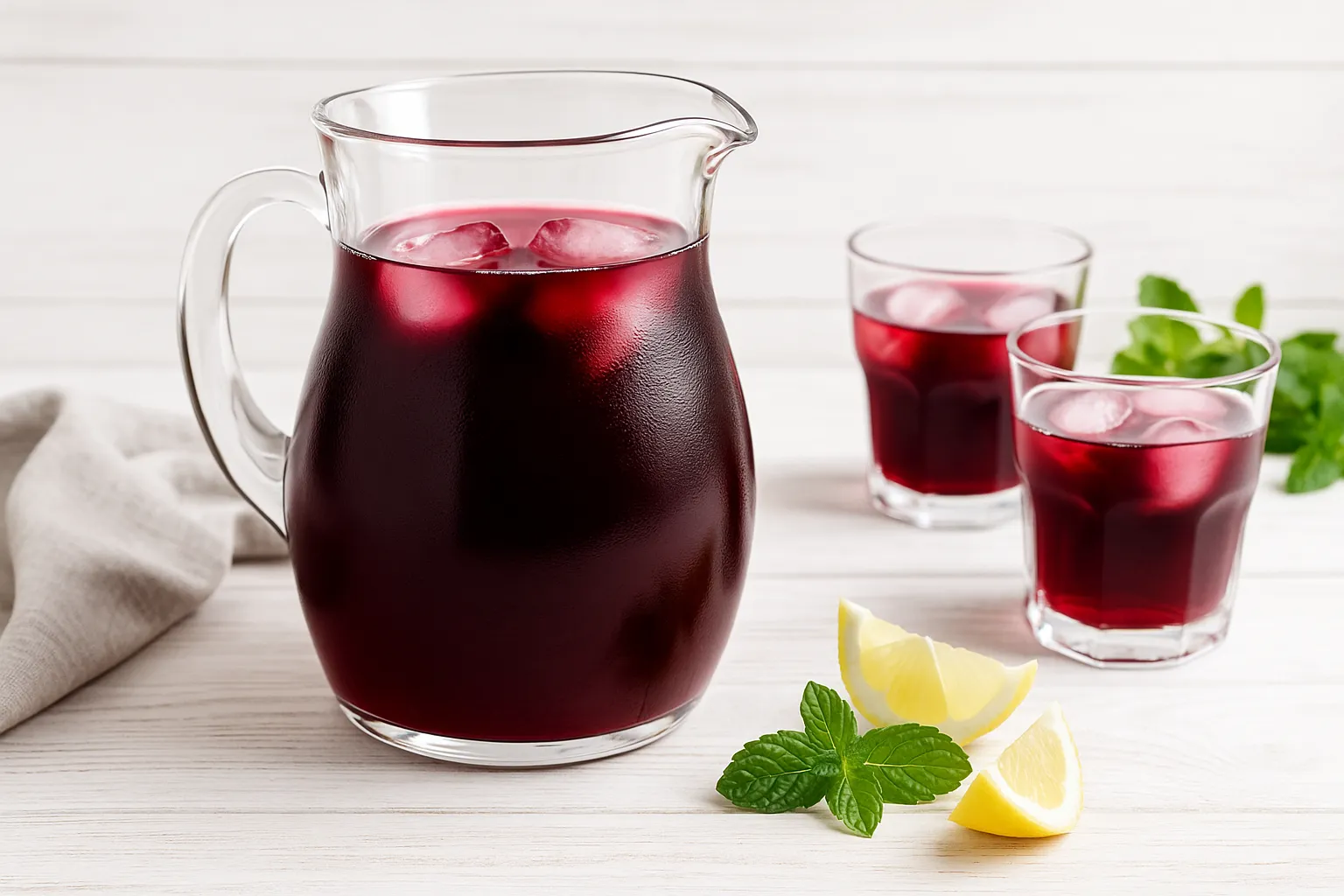 Glaskrug mit Rotwein-Tee-Bowle, serviert mit Gläsern und frischer Deko auf Holztisch