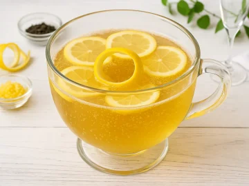 Russischer Sekttee in gläsernem Bowlegefäß mit Zitronenscheiben und Sekt auf weißem Holzhintergrund