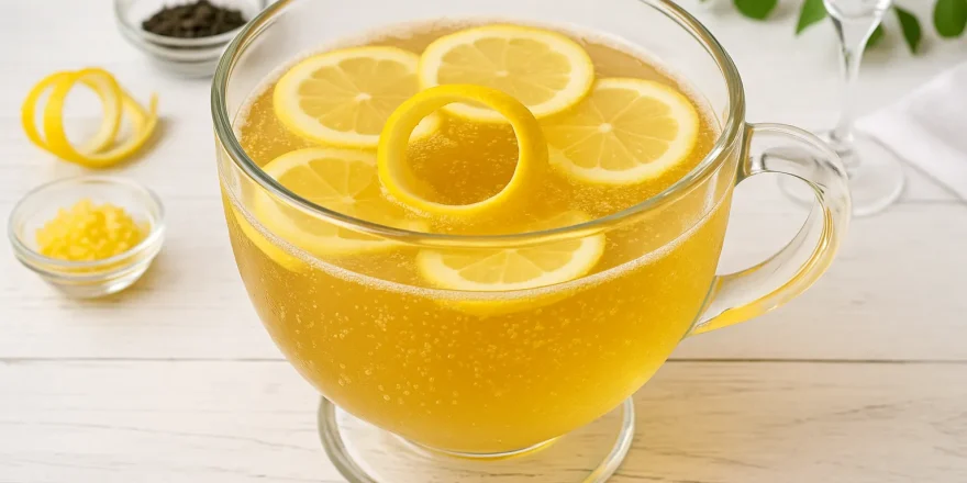 Russischer Sekttee in gläsernem Bowlegefäß mit Zitronenscheiben und Sekt auf weißem Holzhintergrund