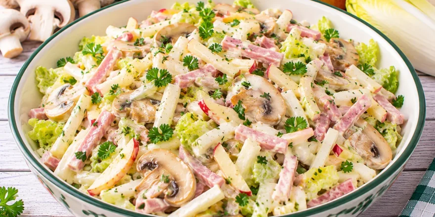 Cremiger Schinken-Pilz-Salat mit Pilzen, Sellerie, Endivie und Apfel.