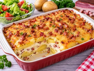 Kartoffel-Quark-Auflauf mit Speck und goldbrauner Käsekruste.