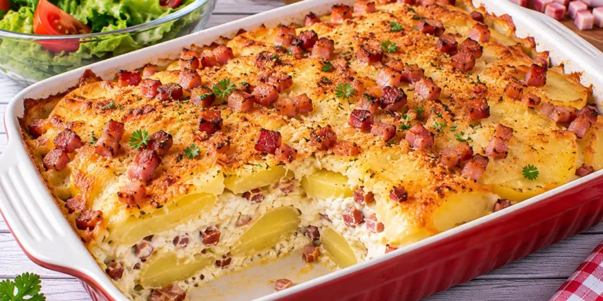 Kartoffel-Quark-Auflauf mit Speck und goldbrauner Käsekruste.
