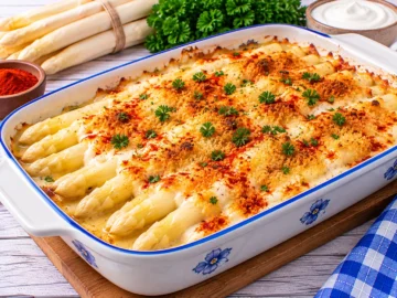Überbackener weißer Spargel mit saurer Sahne, Semmelbröseln und Edelsüß-Paprika.