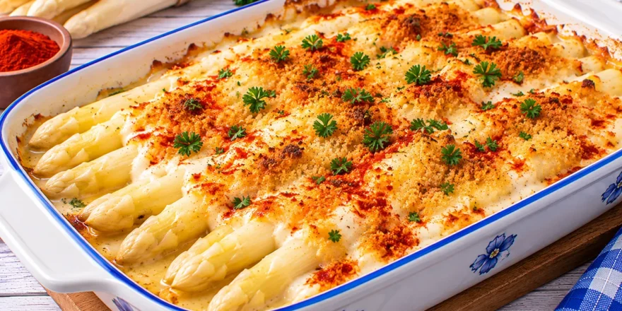 Überbackener weißer Spargel mit saurer Sahne, Semmelbröseln und Edelsüß-Paprika.