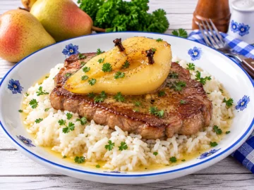 Gebratenes Steak mit gedünsteter Birnenhälfte auf Reis angerichtet.
