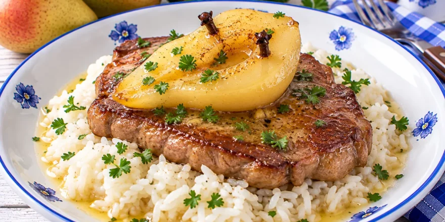 Gebratenes Steak mit gedünsteter Birnenhälfte auf Reis angerichtet.