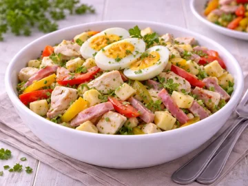 Geflügelsalat mit Schinken, Käse und Paprika in Öl-Essig-Marinade in weißer Schüssel auf hellem Holzhintergrund