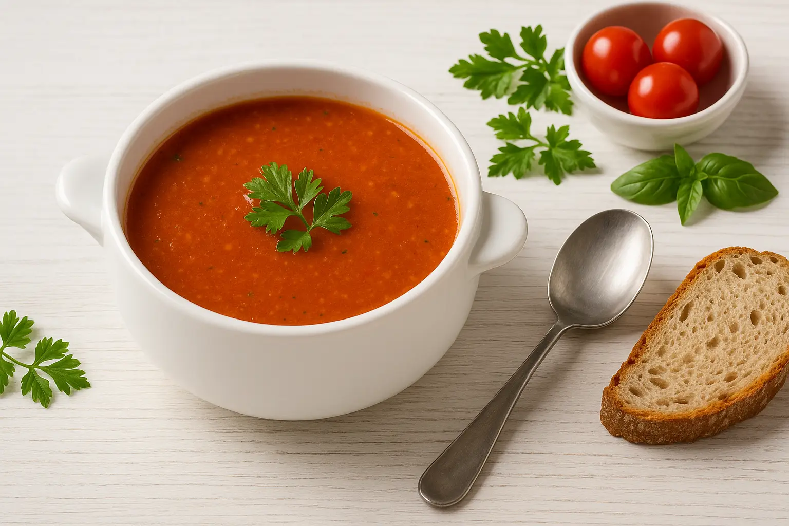  Tomatensuppe aus frischen Tomaten in weißer Suppenschüssel, garniert mit Kräutern auf weißem Holzhintergrund