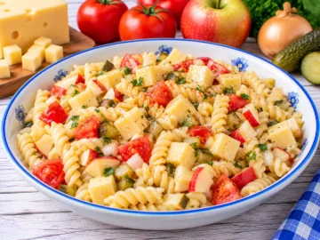 Turiner Käsesalat mit Spirelli, Käsewürfeln, Tomaten, Gurke und Apfel.