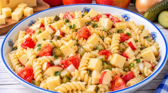 Turiner Käsesalat mit Spirelli, Käsewürfeln, Tomaten, Gurke und Apfel.