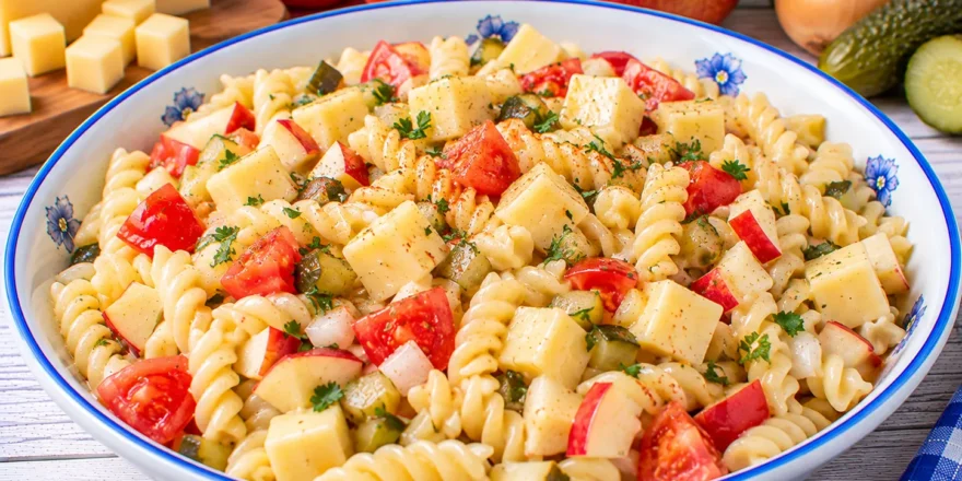 Turiner Käsesalat mit Spirelli, Käsewürfeln, Tomaten, Gurke und Apfel.