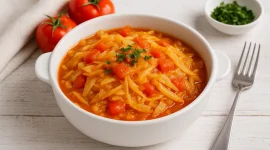Weißkraut-Tomaten-Gemüse in weißer Schüssel auf hellem Holztisch mit Tomaten und Kräutern