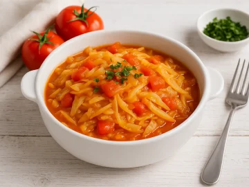 Weißkraut-Tomaten-Gemüse in weißer Schüssel auf hellem Holztisch mit Tomaten und Kräutern