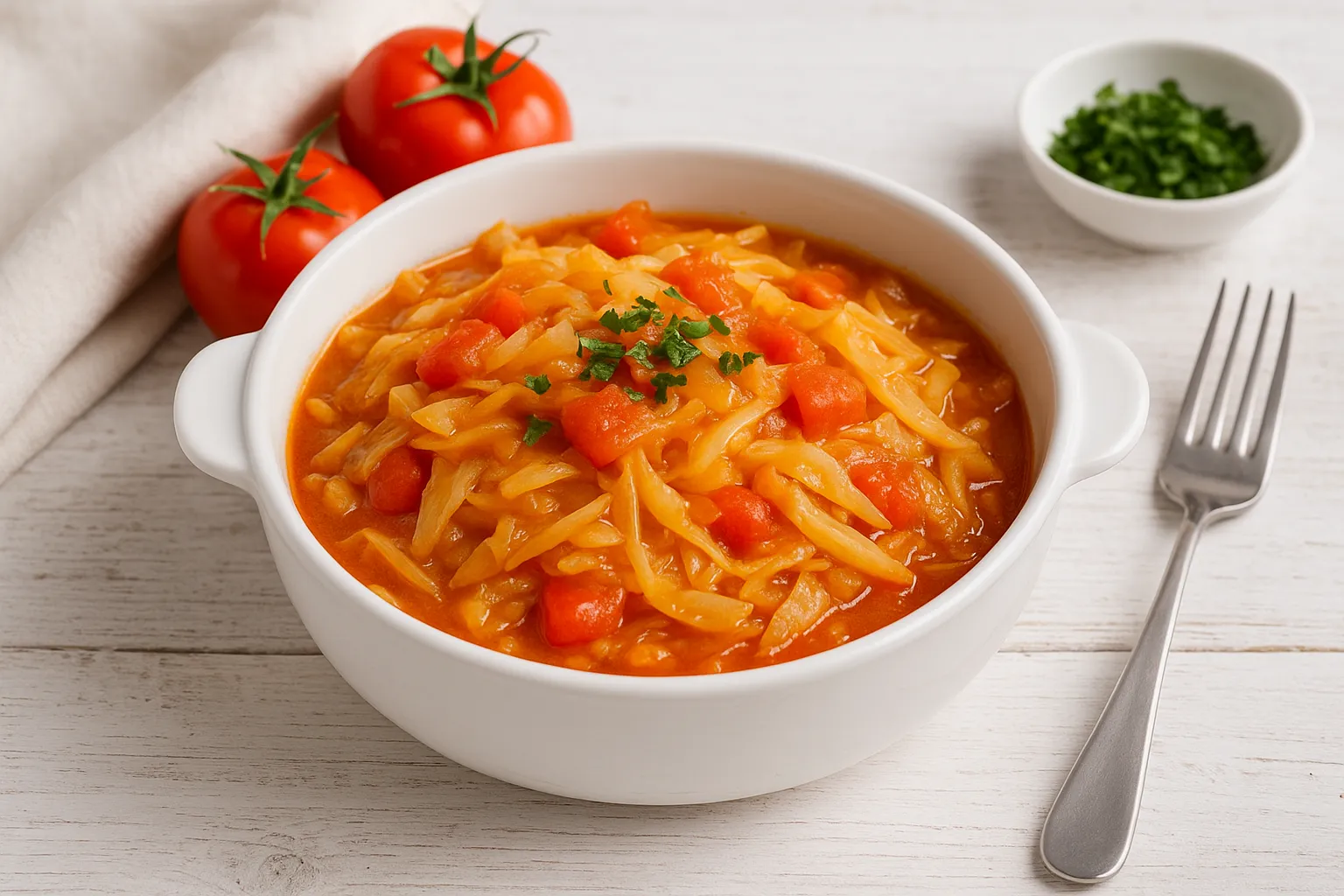 Weißkraut-Tomaten-Gemüse in weißer Schüssel auf hellem Holztisch mit Tomaten und Kräutern