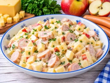Cremiger Wiener Käsesalat mit Käsewürfeln, Wiener Würstchen und Apfelstücken.