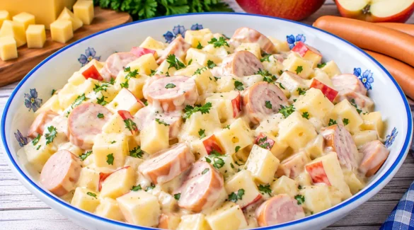 Cremiger Wiener Käsesalat mit Käsewürfeln, Wiener Würstchen und Apfelstücken.