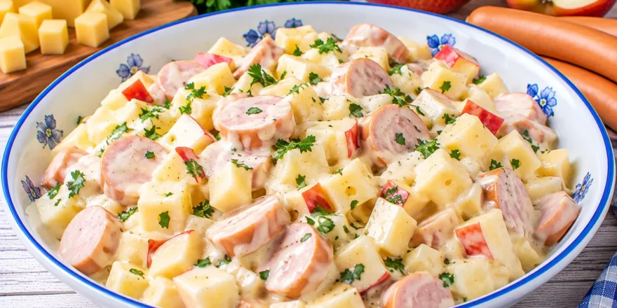 Cremiger Wiener Käsesalat mit Käsewürfeln, Wiener Würstchen und Apfelstücken.