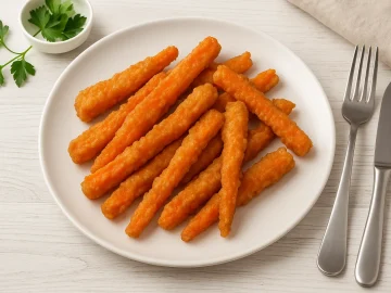 Goldbraun gebackene Karottenviertel auf weißem Teller, serviert auf weißem Holztisch mit frischer Dekoration.