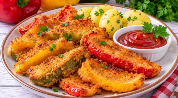 Knusprig panierte und goldbraun ausgebackene Paprikaschoten mit Ketchup.