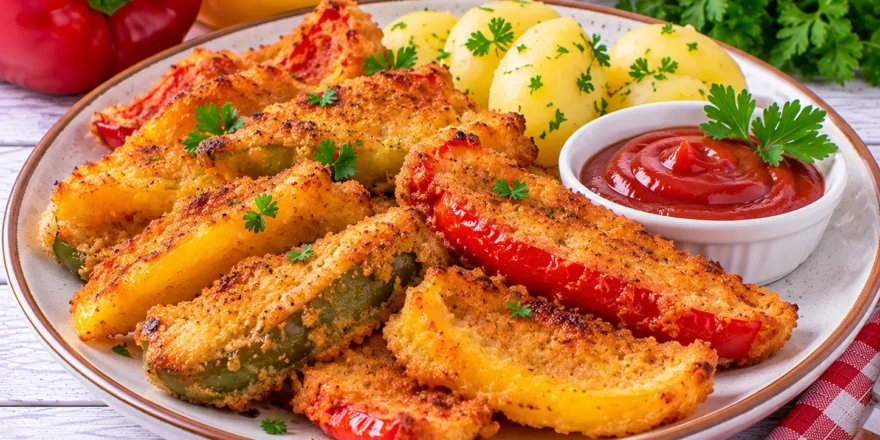 Knusprig panierte und goldbraun ausgebackene Paprikaschoten mit Ketchup.
