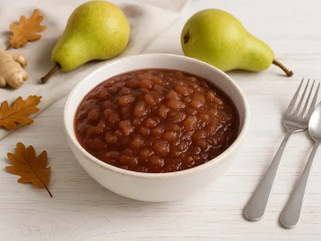 Birnenmus mit Rotwein und Ingwer in einer weißen Schale auf hellem Holzhintergrund