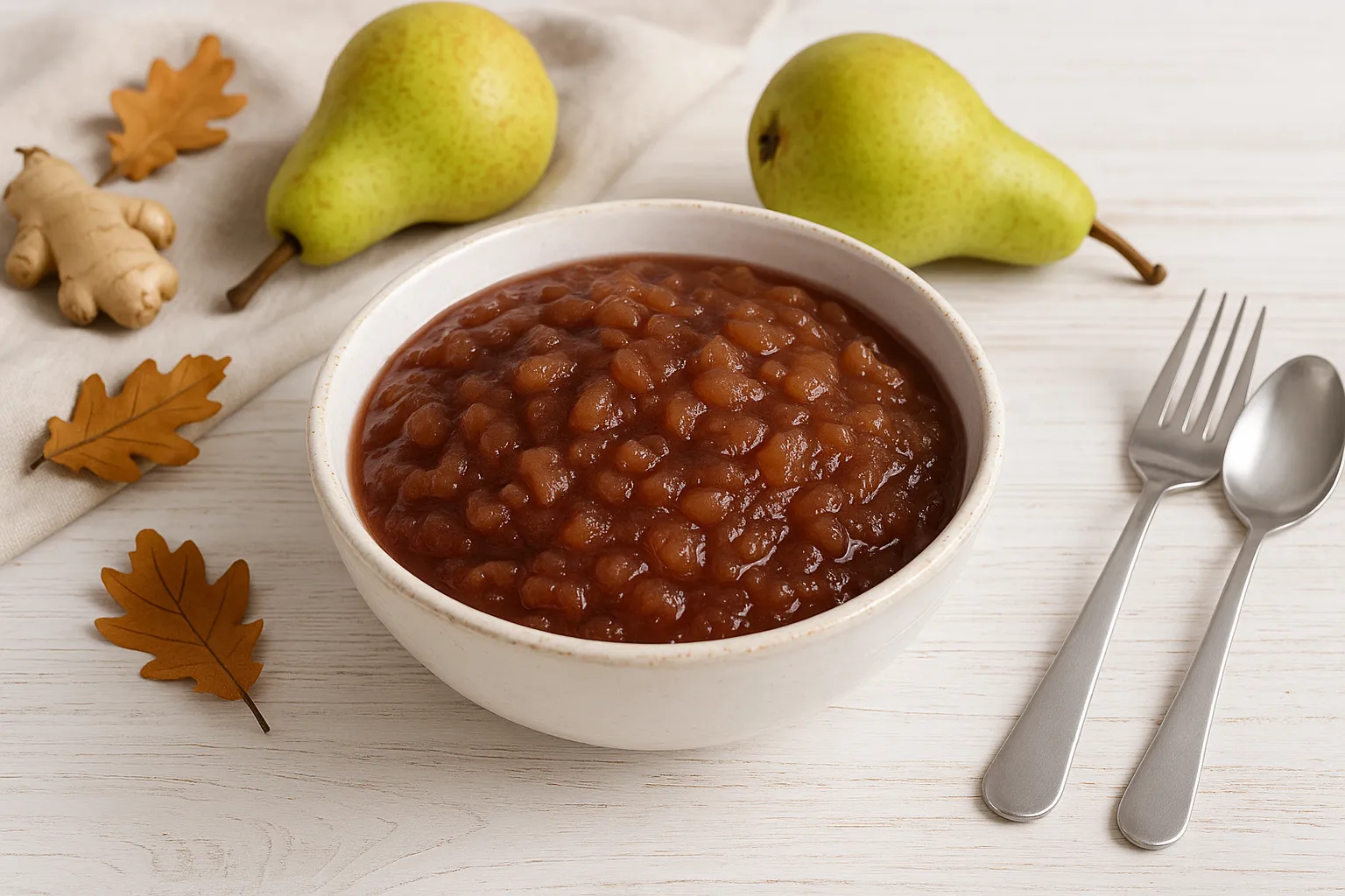 Birnenmus mit Rotwein und Ingwer in einer weißen Schale auf hellem Holzhintergrund