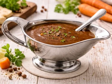 Kräftige Bratensoße in einer Edelstahl-Sauciere auf hellem Holztisch mit Küchenutensilien