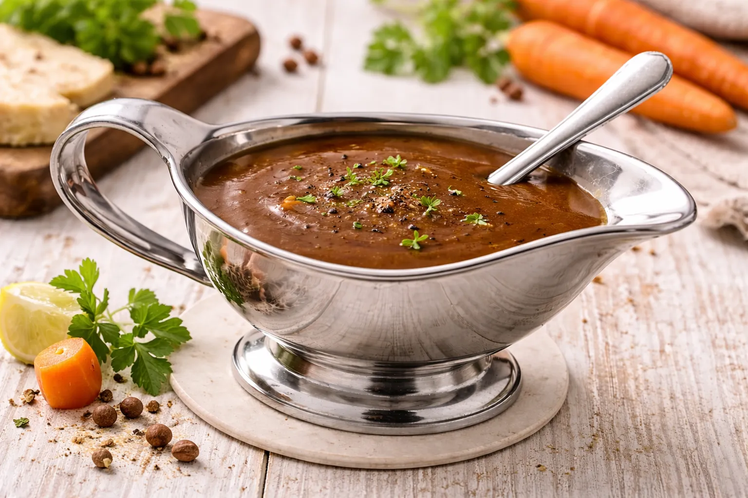 Kräftige Bratensoße in einer Edelstahl-Sauciere auf hellem Holztisch mit Küchenutensilien