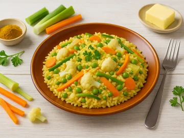 Ceylon-Gemüsereis mit Curry, Karotten, Blumenkohl, Porree und Erbsen auf orangem Teller, dekoriert mit Kräutern und Gemüse auf weißem Holzhintergrund