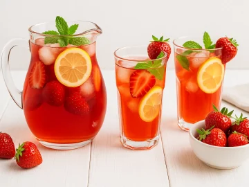 Glaskaraffe und Gläser mit Erdbeertee, garniert mit frischen Erdbeeren und Minze auf weißem Holztisch.