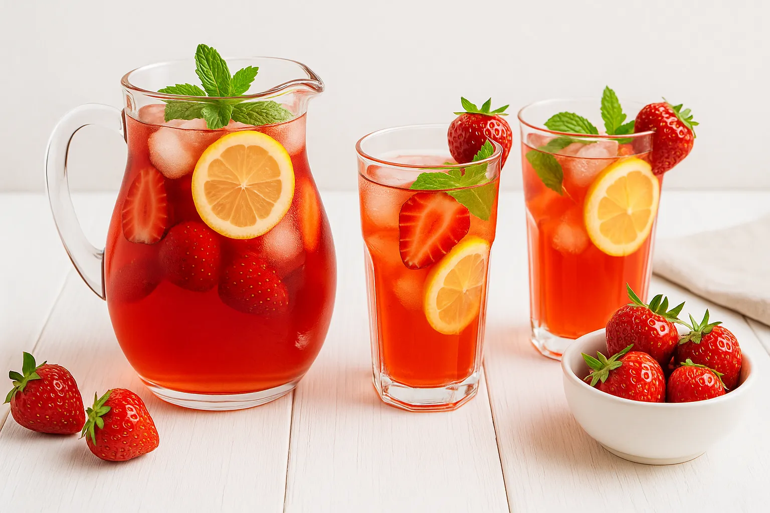  Glaskaraffe und Gläser mit Erdbeertee, garniert mit frischen Erdbeeren und Minze auf weißem Holztisch.