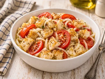 Fischsalat mit Tomaten und Zwiebeln in weißer Schüssel auf hellem Holztisch angerichtet