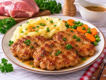 Gebratene Butterschnitzel aus gehacktem Kalbfleisch mit Petersilie und Bratensaft.