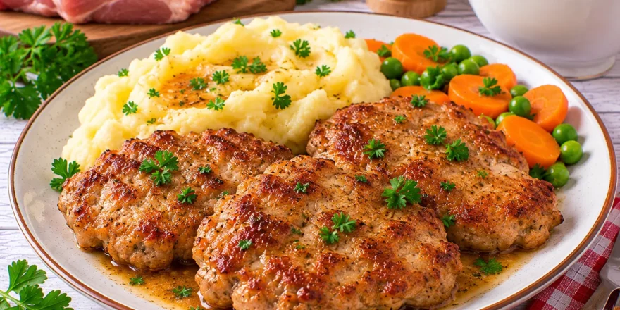 Gebratene Butterschnitzel aus gehacktem Kalbfleisch mit Petersilie und Bratensaft.