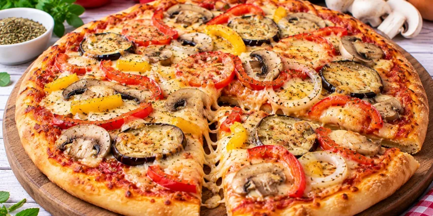 Gemüse-Pizza mit Tomaten, Paprika, Aubergine, Champignons, Zwiebeln und Käse.