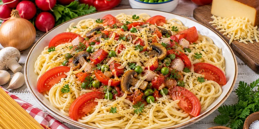 Spaghetti mit Paprika, Pilzen, Erbsen und geräuchertem Käse.