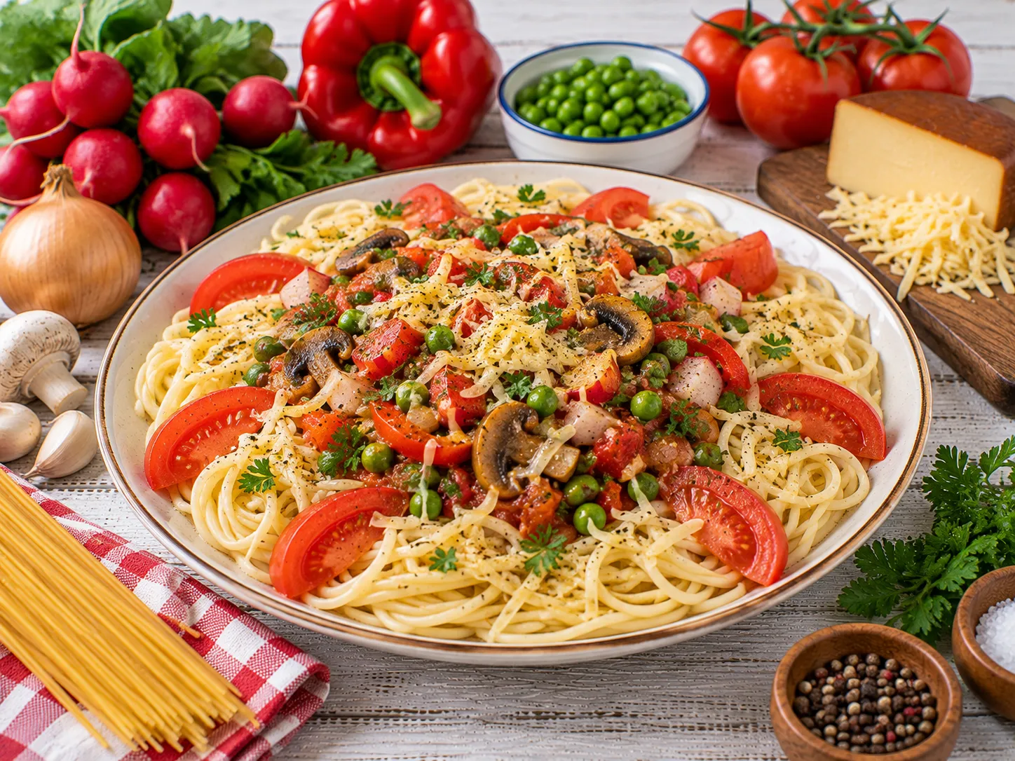 Spaghetti mit Paprika, Pilzen, Erbsen und geräuchertem Käse.