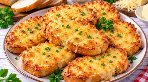 Goldgelb geröstete Weißbrotscheiben mit Butter und geschmolzenem Käse.