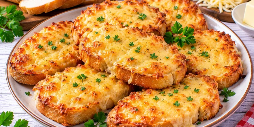Goldgelb geröstete Weißbrotscheiben mit Butter und geschmolzenem Käse.