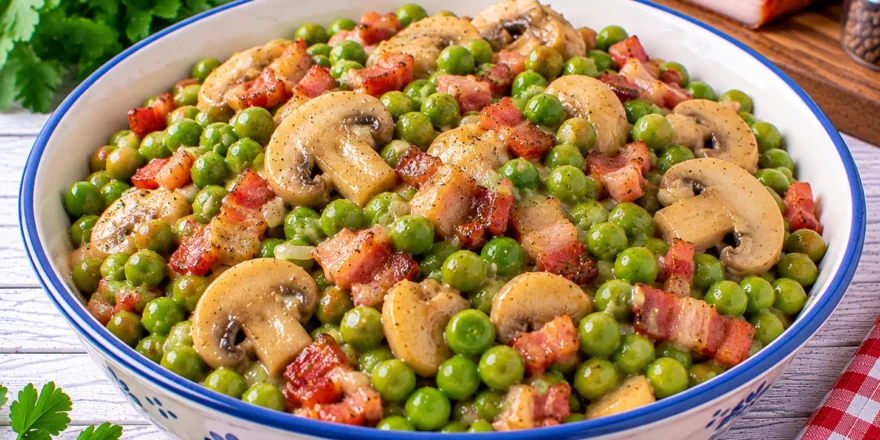 Grüne Erbsen mit Champignons und knusprigen Speckwürfeln.