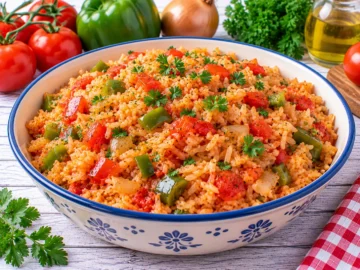 Grusinischer Gemüsereis mit grüner Paprika, Tomaten und Zwiebeln.