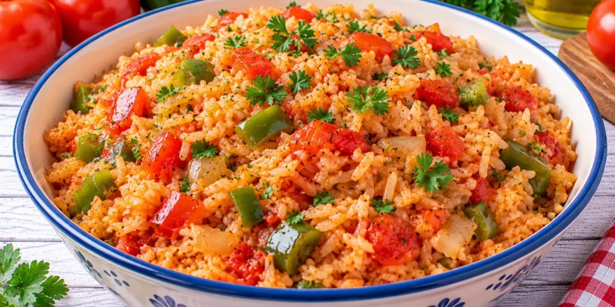 Grusinischer Gemüsereis mit grüner Paprika, Tomaten und Zwiebeln.