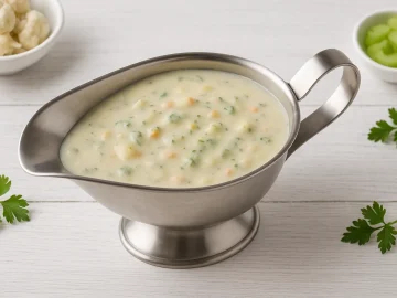 Edelstahlsauciere mit heller Gemüsesoße auf weißem Holzuntergrund