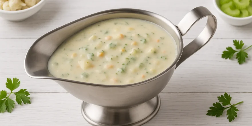 Edelstahlsauciere mit heller Gemüsesoße auf weißem Holzuntergrund