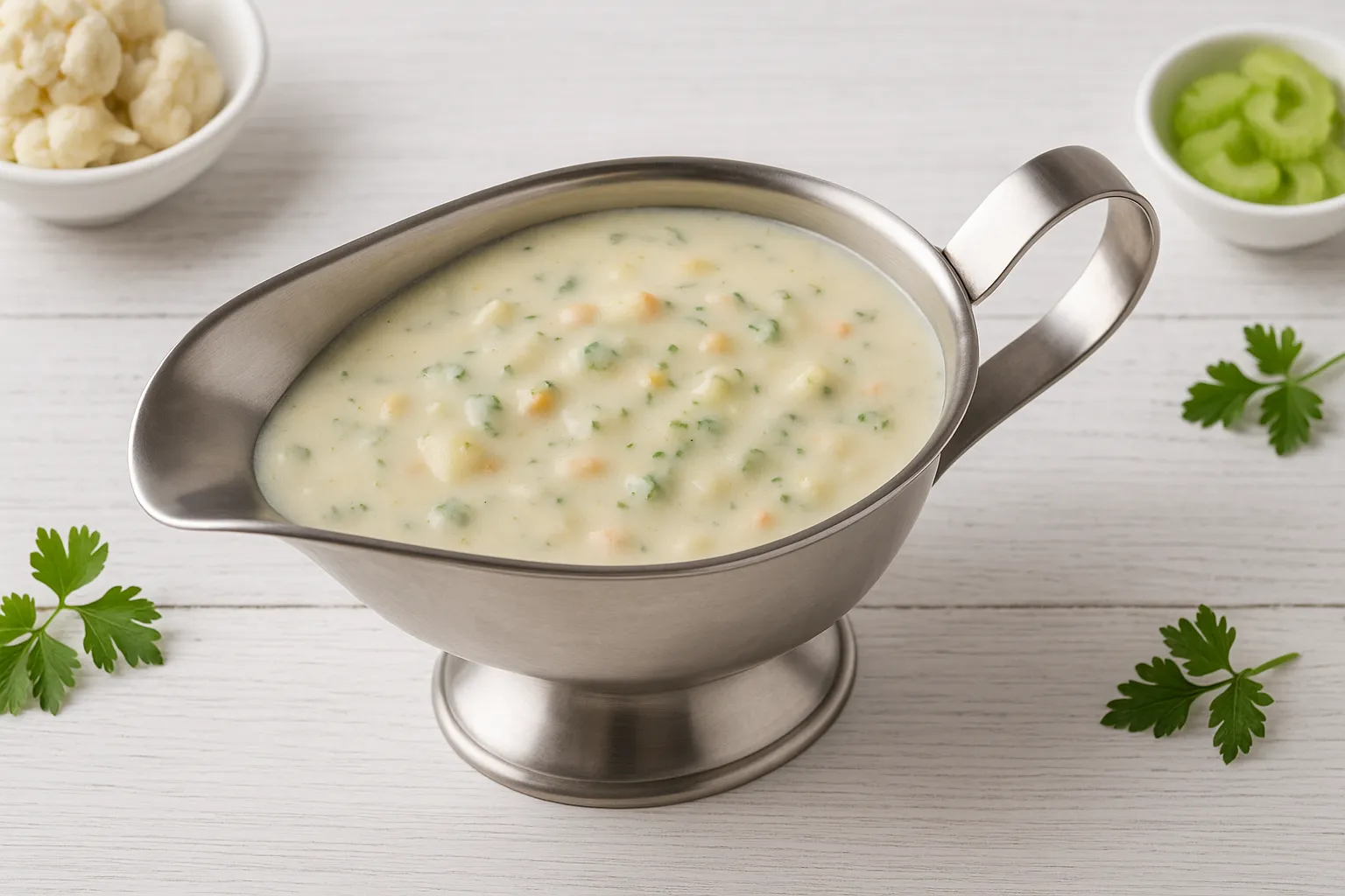 Edelstahlsauciere mit heller Gemüsesoße auf weißem Holzuntergrund